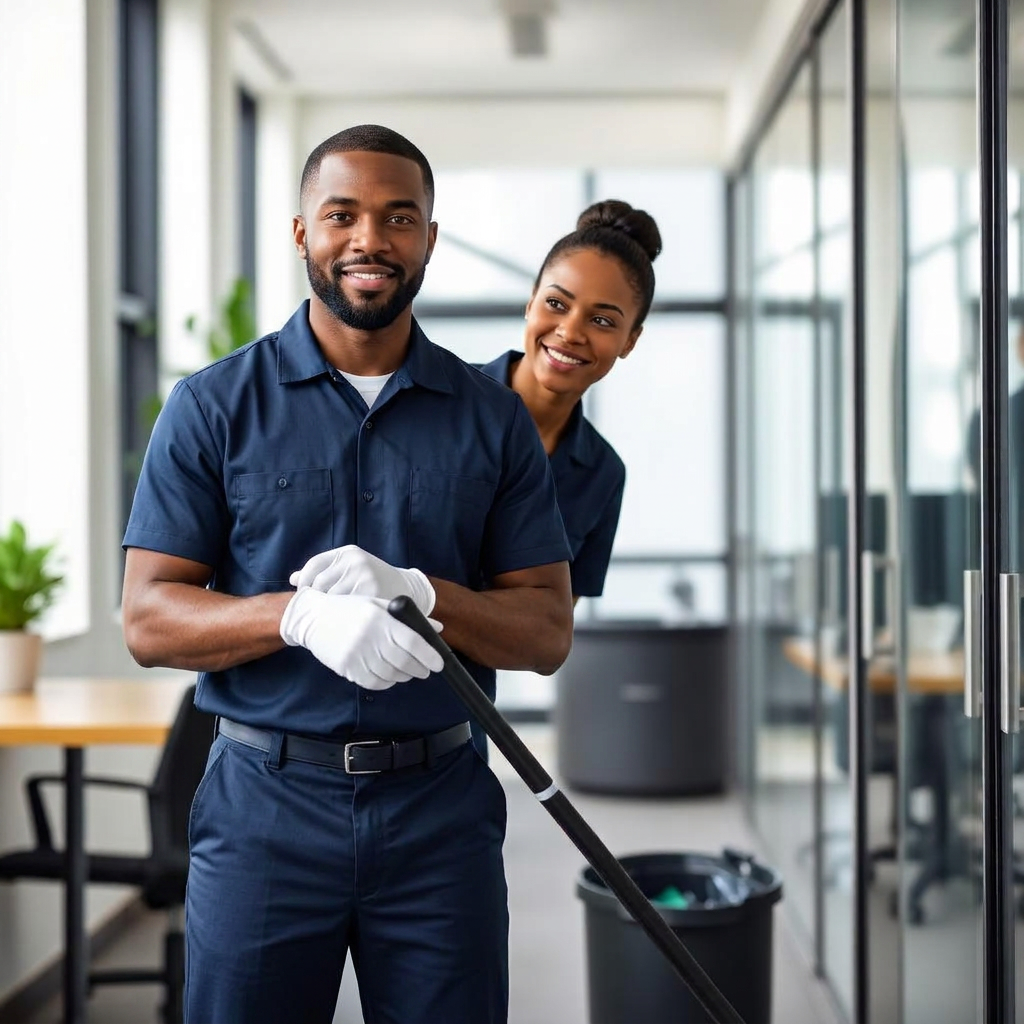 Professional commercial cleaning team at work